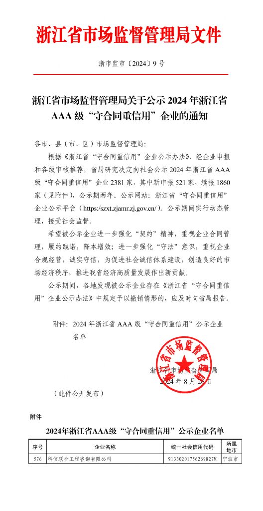 科信喜報 | 我公司蟬聯浙江省AAA級 “守合同重信用”企業